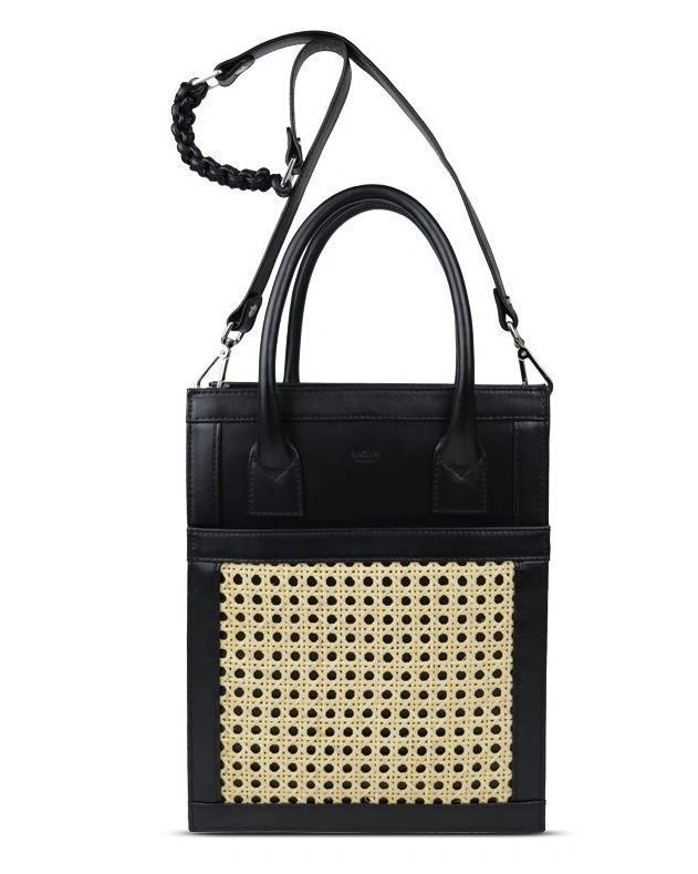 VIENNA SHOPPER BAG MEDIUM "Сумка черная телячья кожа, декор из соломки 25 х 32 х 7.5 см¶длина ручки
