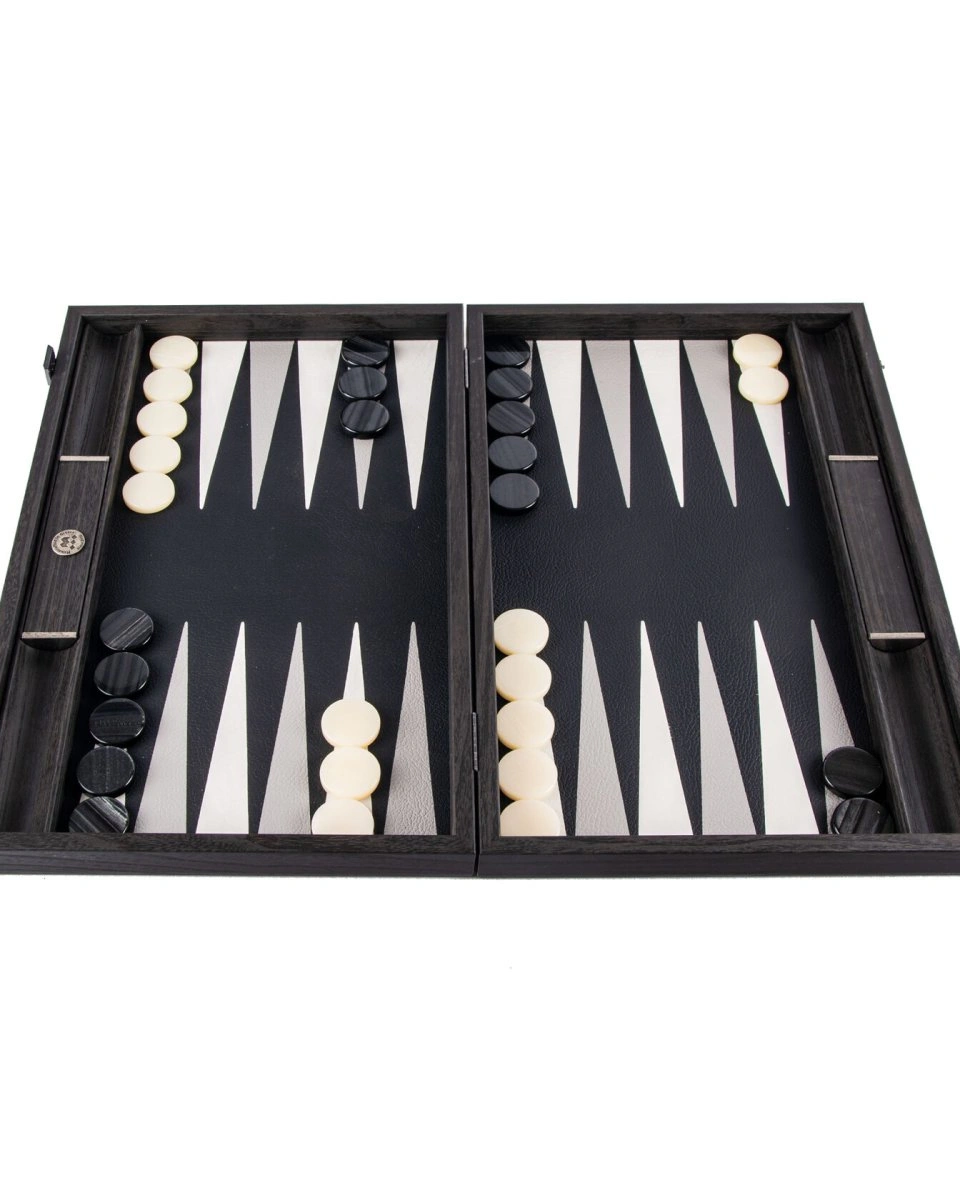 BACKGAMMON Нарды с боковыми стойками, 48x30см, эко-кожа, фон черный, рисунок белый и серы