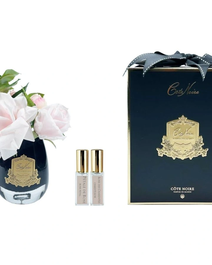 TEA ROSE French pinkБукет роза с гортензией, цвет розовый, черная ваза, золотой декор, 2 спрея 5 м