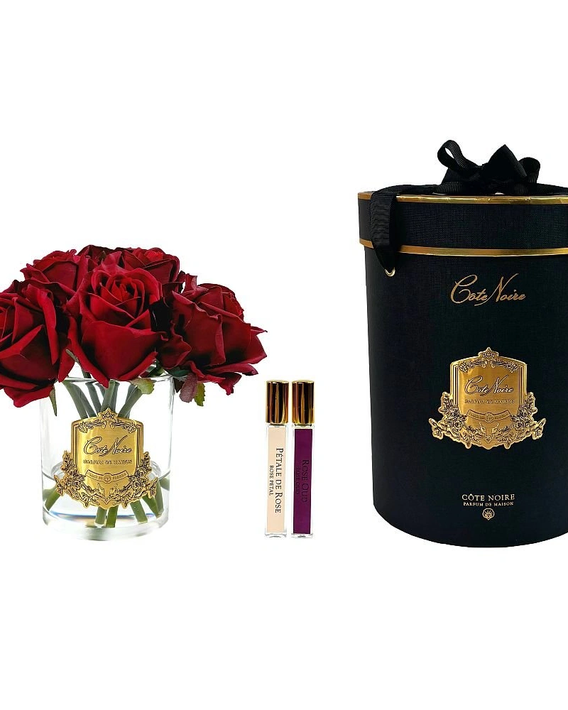 Red Rose Buds GOLD BadgeБукет из бутонов роз, цвет красный, прозрачная ваза, золотой декор