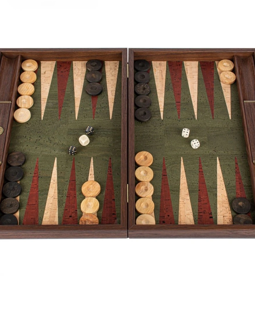 BACKGAMMONНарды с боковыми стойками, зеленый фон, пробка, 48x30 см ручная работа