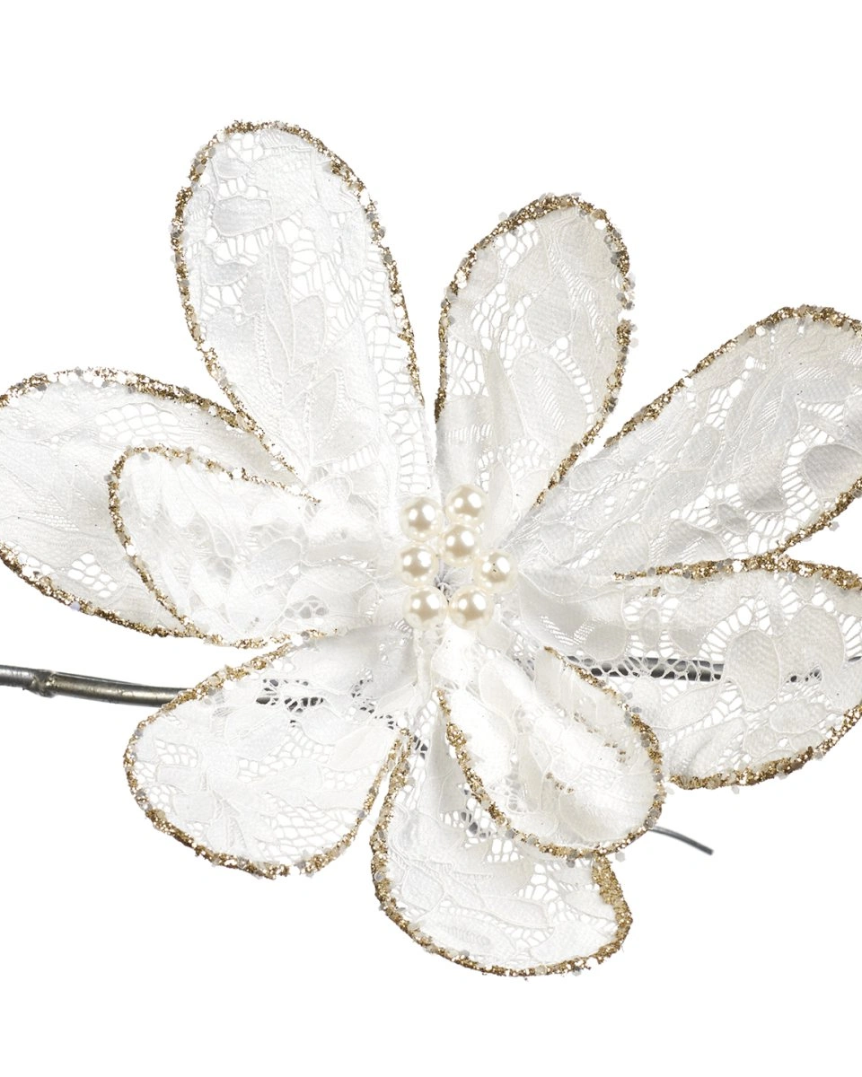 LACE/PEARL FLOWER ON CLIP WH Цветок магнолии кружево с жемчугом на клипсе, цвет белый 25 см