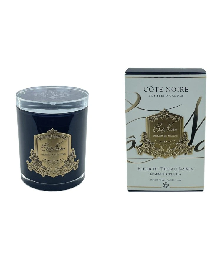 FLEUR DE THE AU JASMINСвеча 450 гр , черный стаканчик, золотой декор ВхШхД 16х10,5х10,5 см время