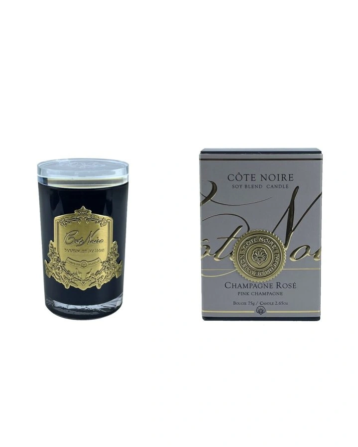 Свеча CHAMPAGNE ROSE 75 гр, черный стаканчик, золотой декор, 11х7,5х7,5см соевый воск, время