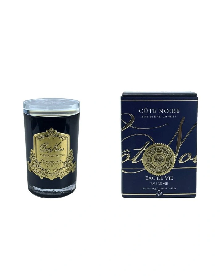 Свеча EAU DE VIE75 гр, черный стаканчик, золотой декор, ВхШхД 11х7,5х7,5см соевый воск, время горе