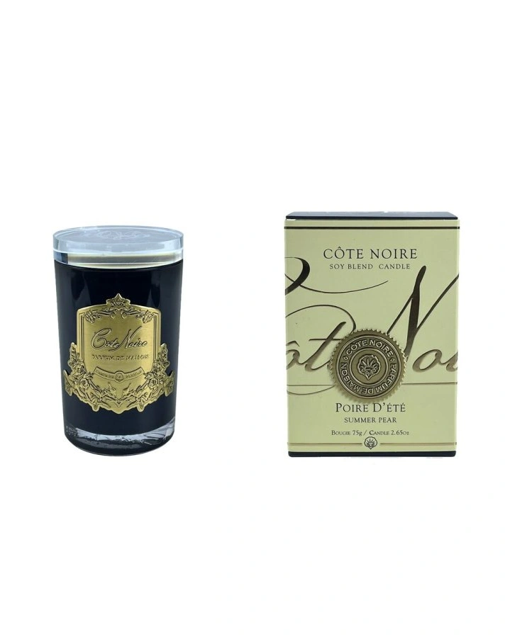 Свеча POIRE D'ETE75 гр, черный стаканчик, золотой декор, 11х7,5х7,5см соевый воск
