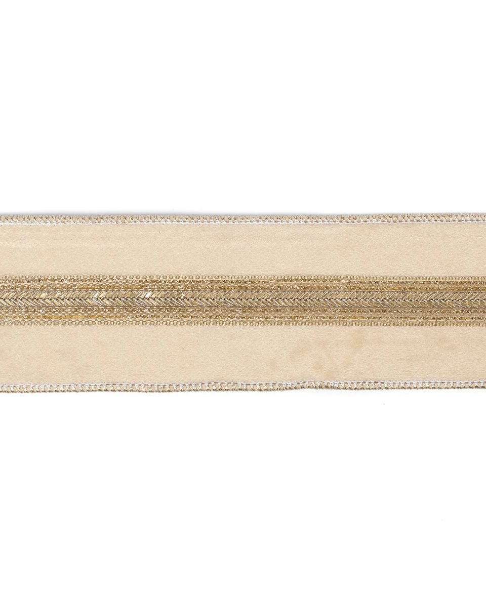 VELV.BRAID TRIM RIBBON CRM/GLD 6,4CM/5Y Лента на елку вельветовая кремовая с золотом ширина 6,4 см