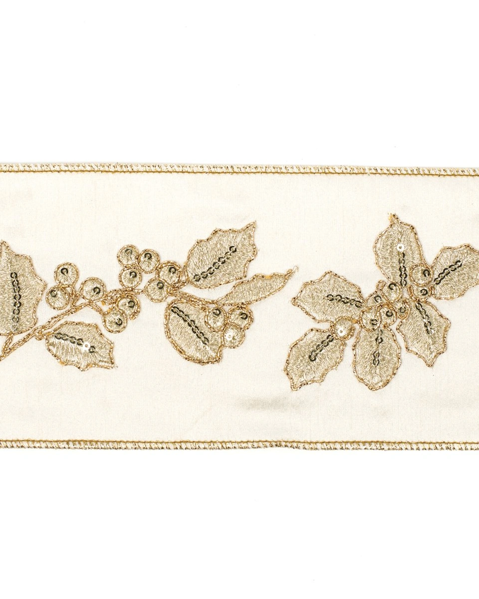EMBR.HOLLY/BERRY RIBBON CRМ/GLD Лента с вышивкой, цвет кремовый с золотом шир 10см длина 5м