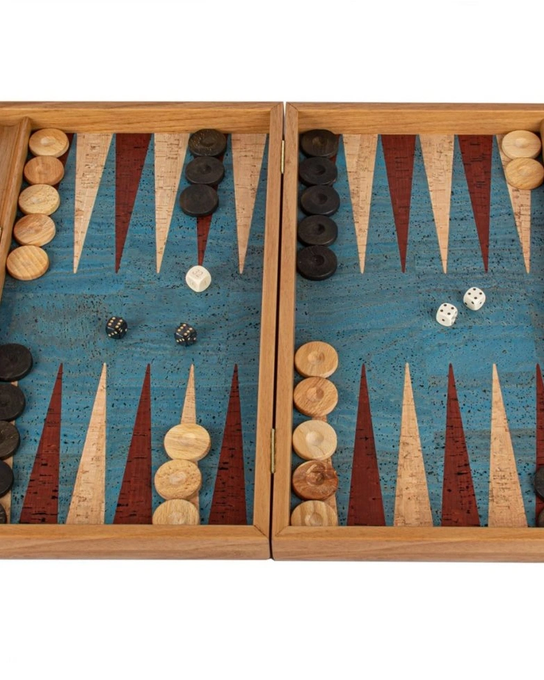 BACKGAMMONНарды с боковыми стойками, бирюзовый фон, пробка, 48x30 см ручная работа