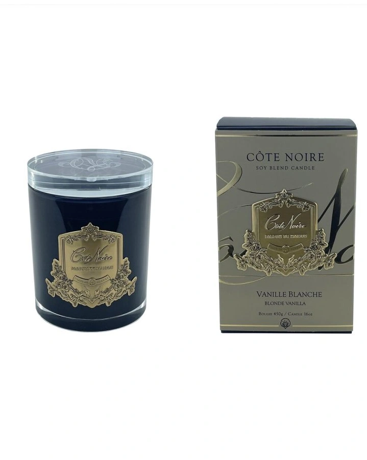 Свеча BLONDE VANILLA450 гр , черный стаканчик, золотой декор ВхШхД 16х10,5х10,5 см время горения