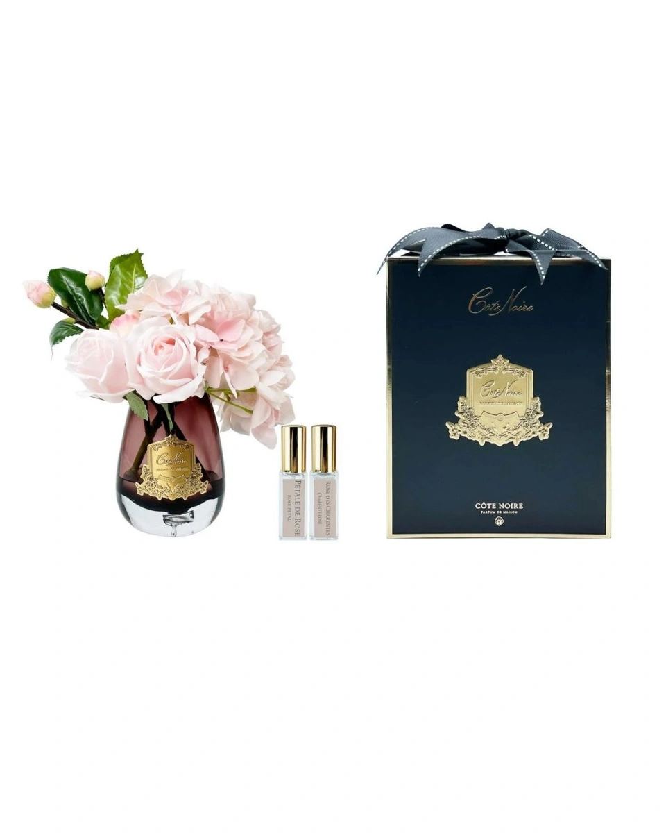 TEA ROSE Hydrangea pinkБукет роза с гортензией, цвет розовый, черная ваза, золотой декор, 2 спрея