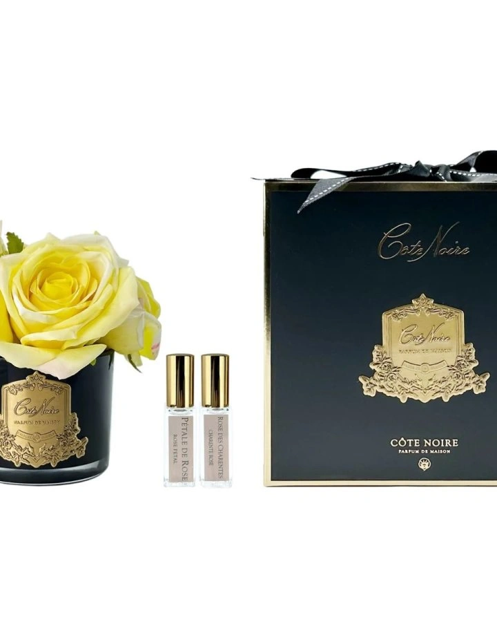 Букет из 5 роз FIVE ROSE yellow , цвет желтый, черная ваза, 2 спрея по 5 мл