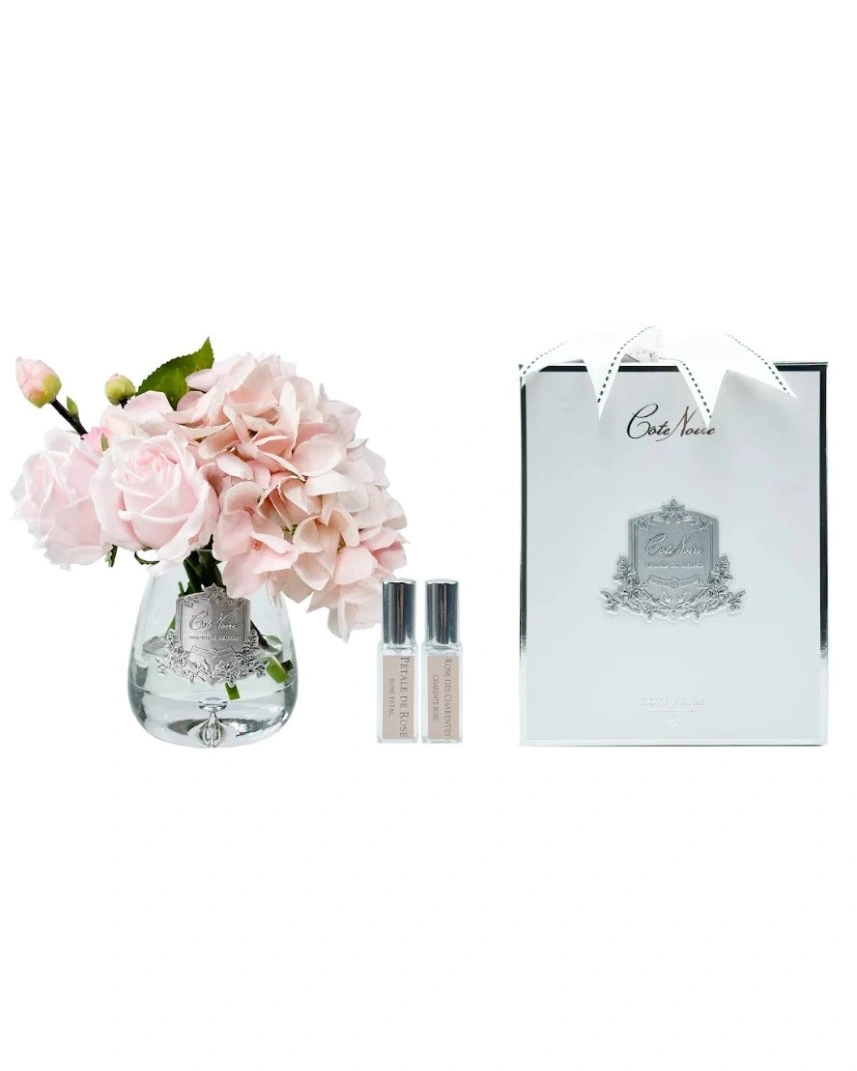 Букет роза с гортензией TEA ROSE Hydrangea pink, цвет розовый, прозрачная ваза, серебро, 2 спрея 5