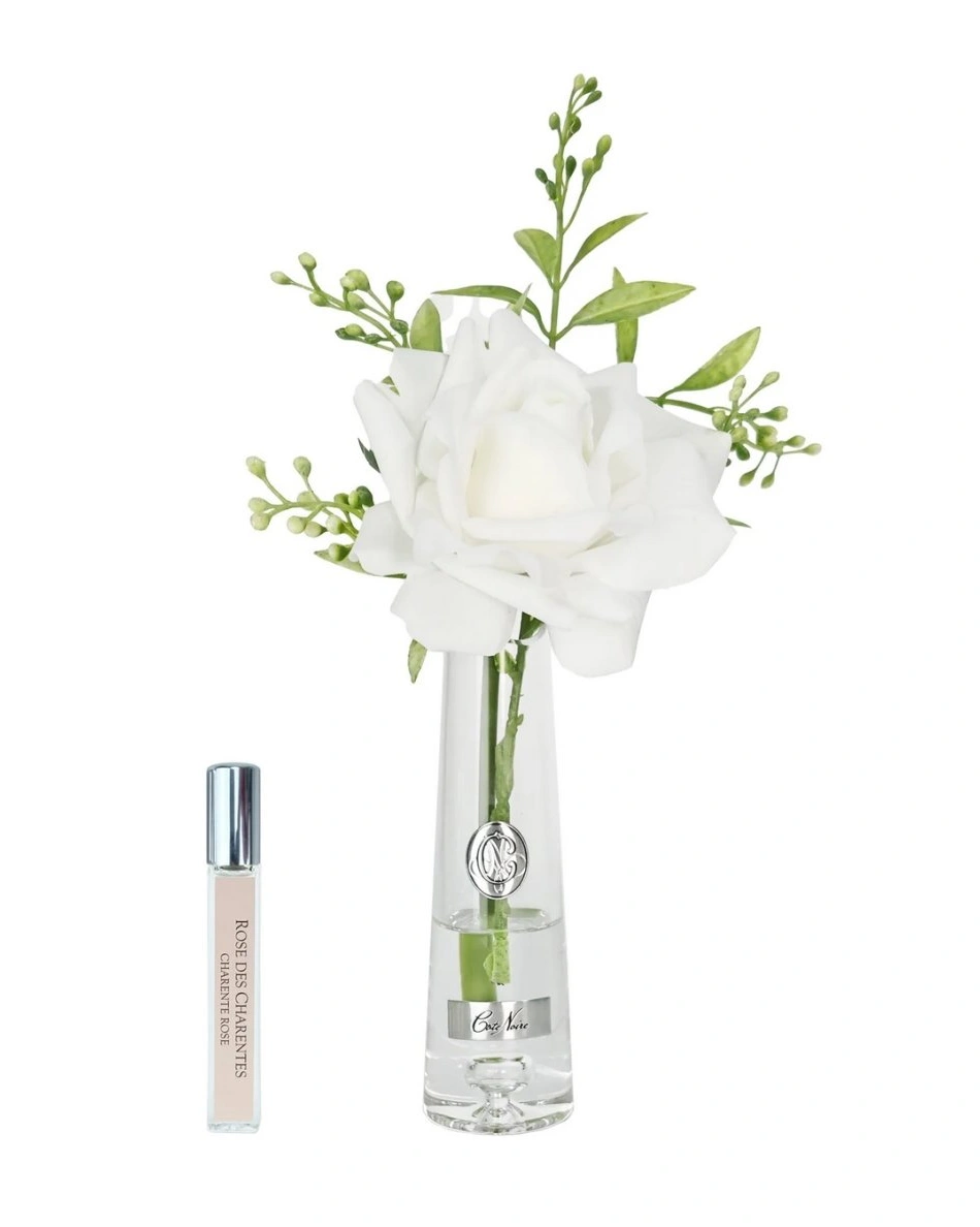 Summer rose White SilverРоза, белый 1 спрей 15 мл, прозрачная ваза, серебряный декор