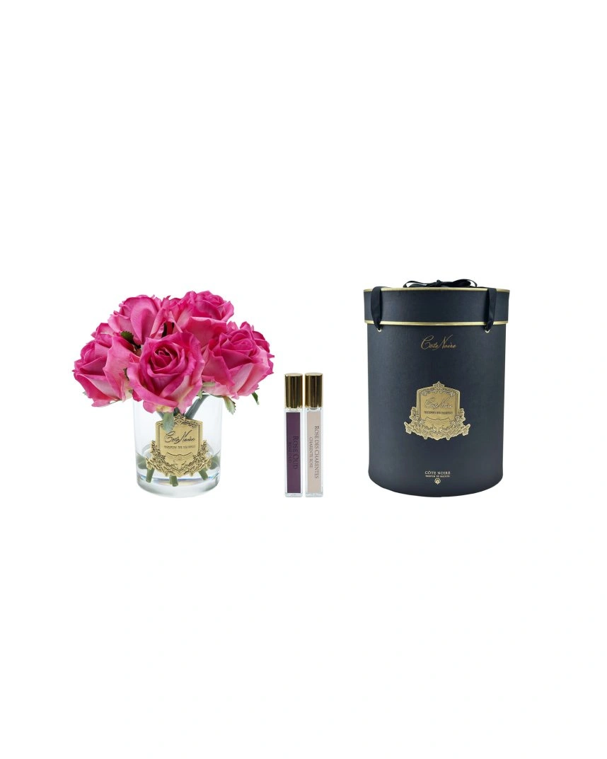 ROSE BUDS magenta clear goldБукет из бутонов роз, цвет ярко-розовый, прозрачная ваза, золотой декор