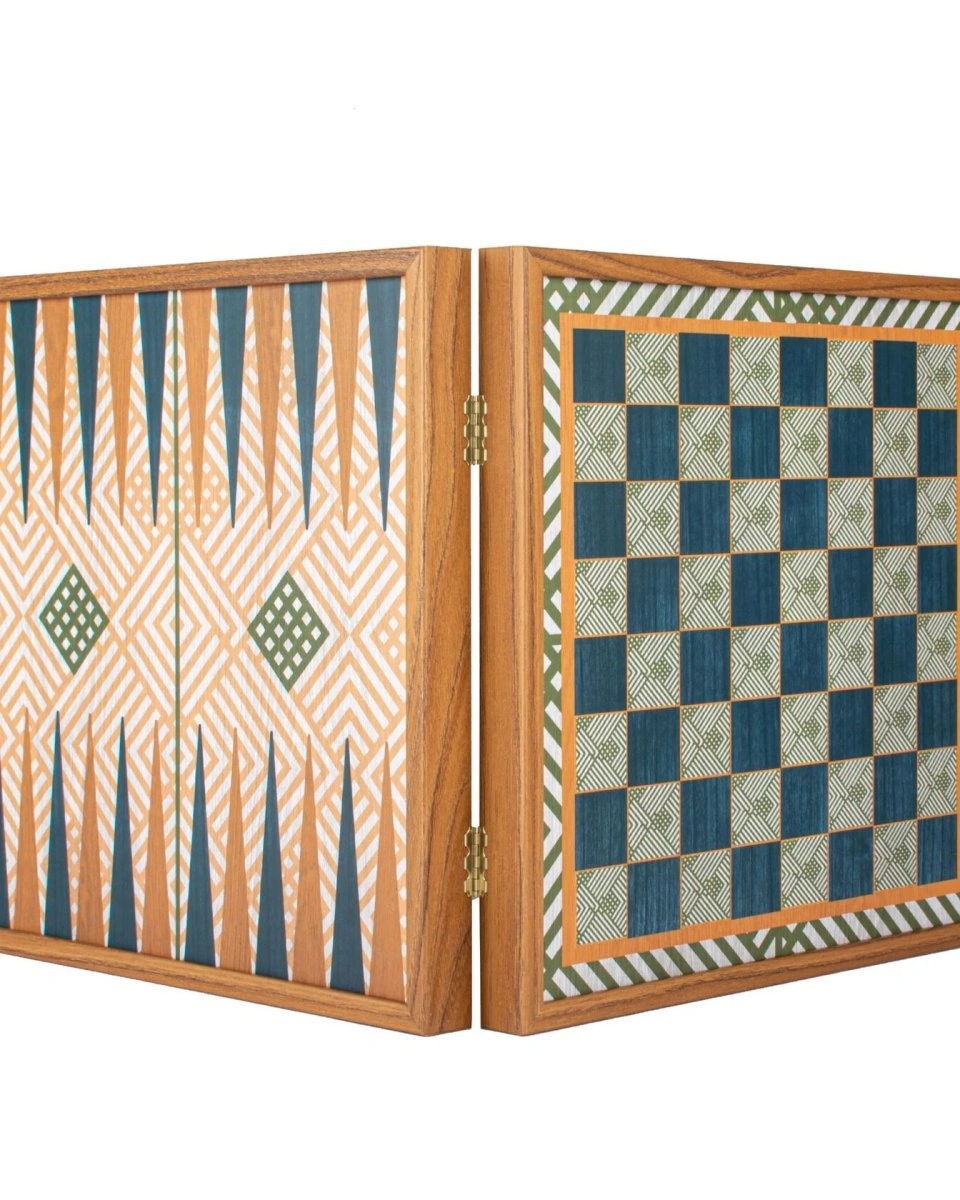 Chess/Backgammon/Ludo/Snakes Шахматы/нарды/лудо/змеи , цвет зеленый с синим, футляр дерево орех,