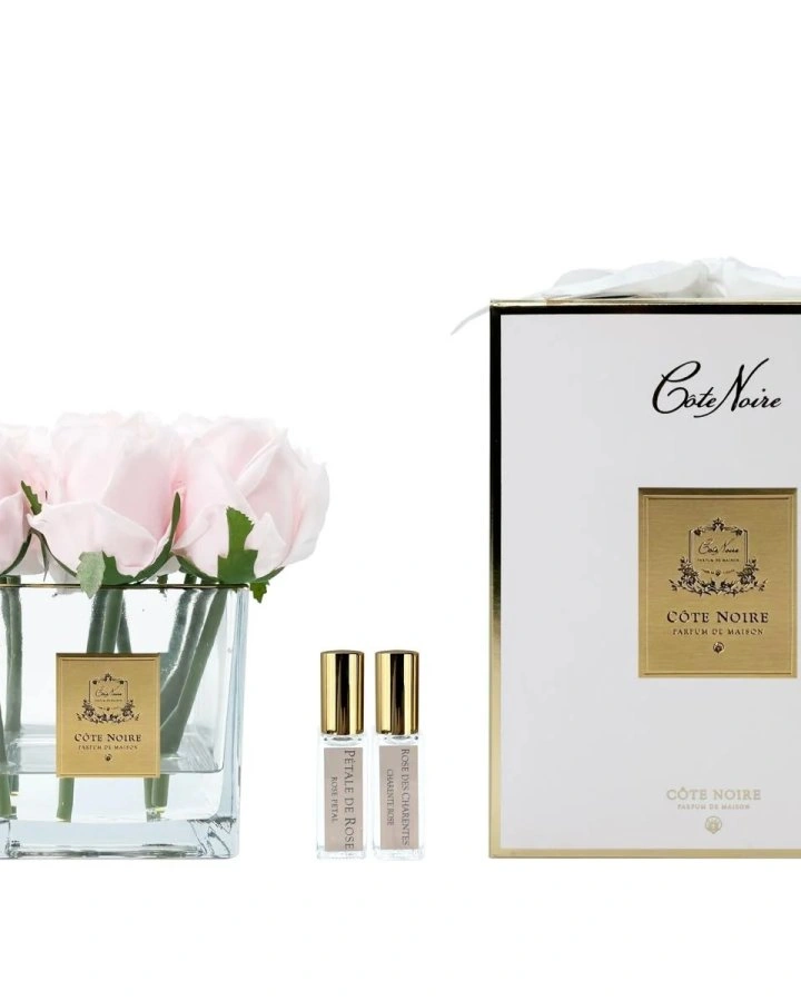SQUARE 9 ROSE french pink clearБукет 9 роз, розовый, квадратная прозрачная ваза