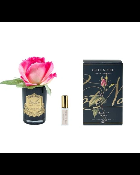 Бутон розы диффузор ROSE BUD Magenta, цвет ярко-розовый, черная ваза, 1 спрей 5 мл ВхШ