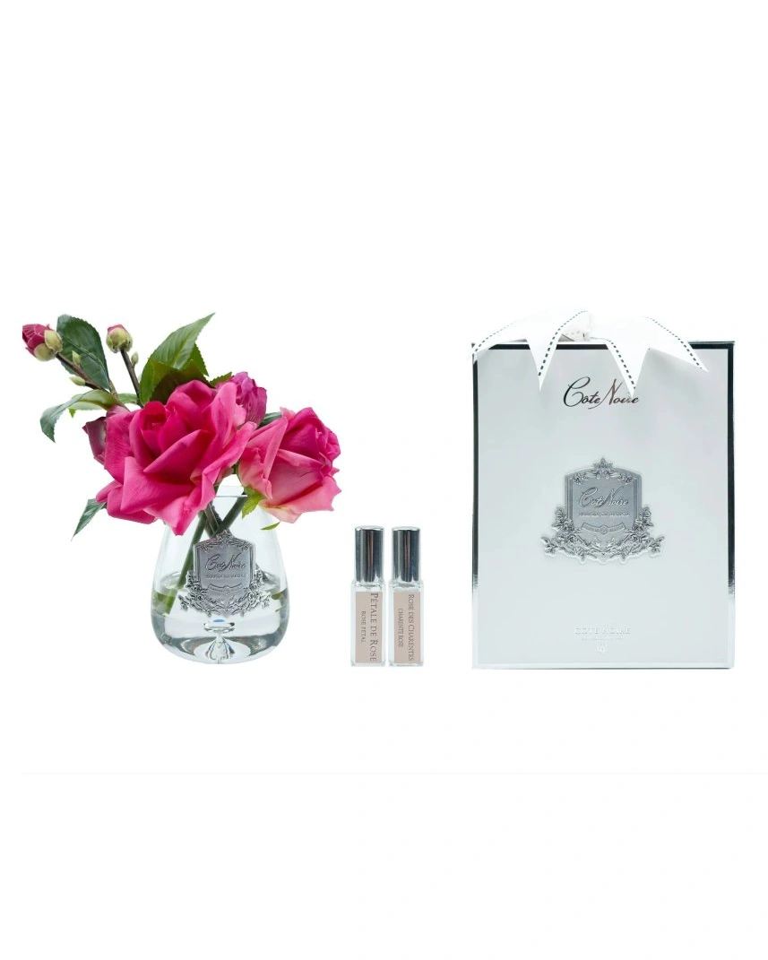 Букет TEA ROSE magenta clear, цвет ярко-розовый, прозрачная ваза, 2 спрея 5 мл ВхШхД 21х17х17 см