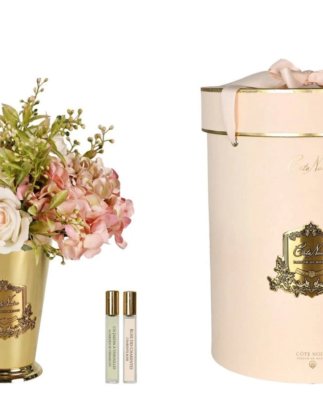 GRAND SUMMER POSY Pink Gold Букет гортензии и розы, розовый, золотая ваза, 2 спрея по 10 мл