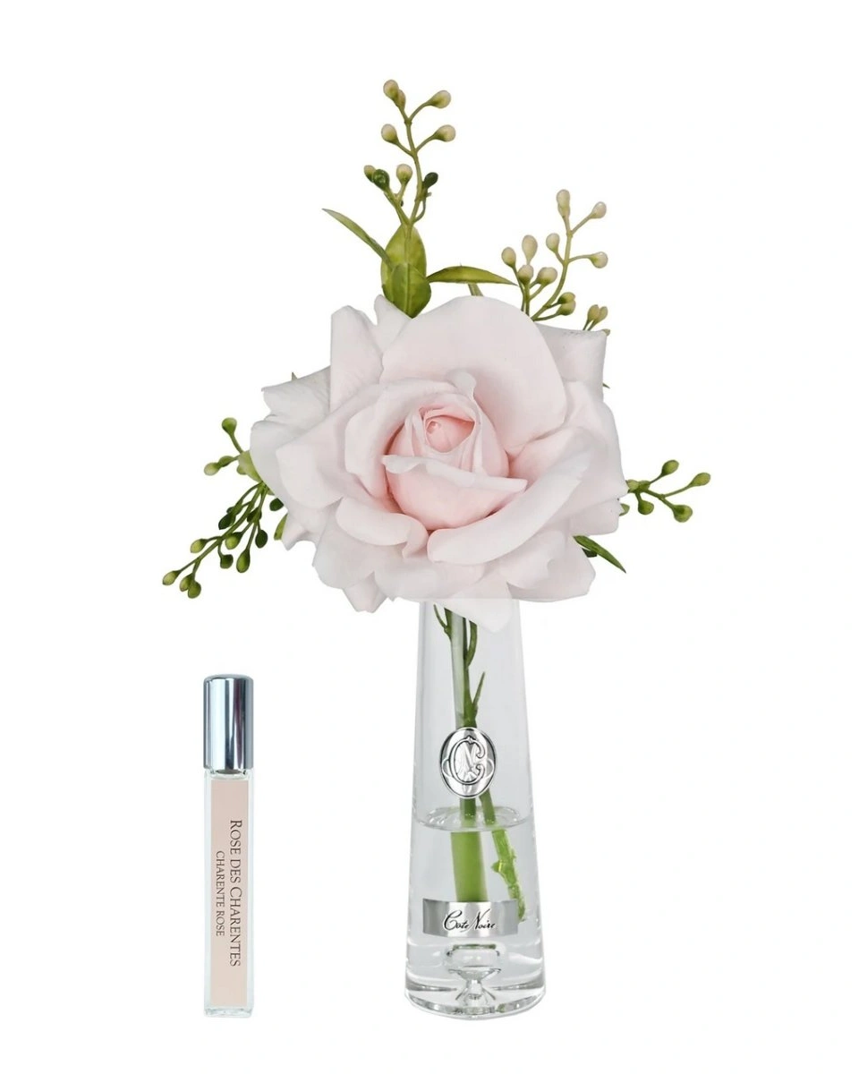 Summer rose French Pink Silver Роза, розовый, 1 спрей 15 мл, прозрачная ваза, серебряный декор