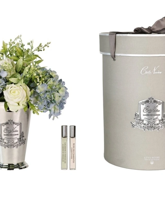Grand Summer Posy BlueДиффузор букет розы с гортензиями, ,бело-голубой, серебряная ваза, металл, с