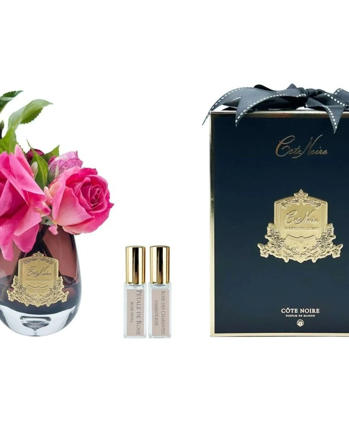 TEA ROSE MAGENTAБукет роза с гортензией, цвет ярко-розовый, черная ваза, золотой декор, 2 спрея 5