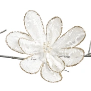 LACE/PEARL FLOWER ON CLIP WH Цветок магнолии кружево с жемчугом на клипсе, цвет белый 25 см