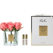 SQUARE 9 ROSE white peachБукет 9 роз, коралловый, квадратная прозрачная ваза, 2 спрея по 5 мл