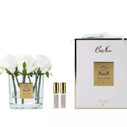 SQUARE 9 ROSE ivory clearБукет 9 роз, белый, квадратная прозрачная ваза, 2 спрея по 5 мл
