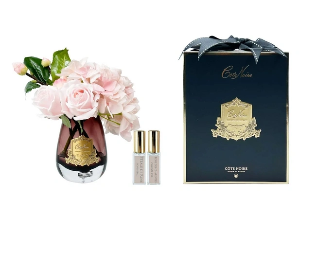 TEA ROSE Hydrangea pinkБукет роза с гортензией, цвет розовый, черная ваза, золотой декор, 2 спрея TEA ROSE Hydrangea pinkБукет роза с гортензией, цвет розовый, черная ваза, золотой декор, 2 спрея