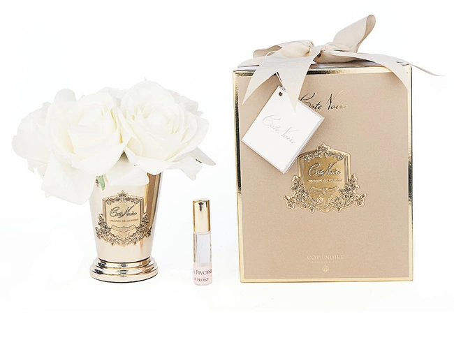 SEVEN ROSE CHAMPAGNE GOLD Букет роз цвет шампань , ваза золото, 2 спрея ВхШхД 21х17х17 см