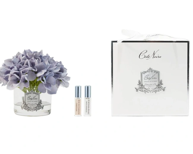 Hydrangeas BlueБукет гортензий, голубой, серебряный декор, 2 спрея по 5 мл