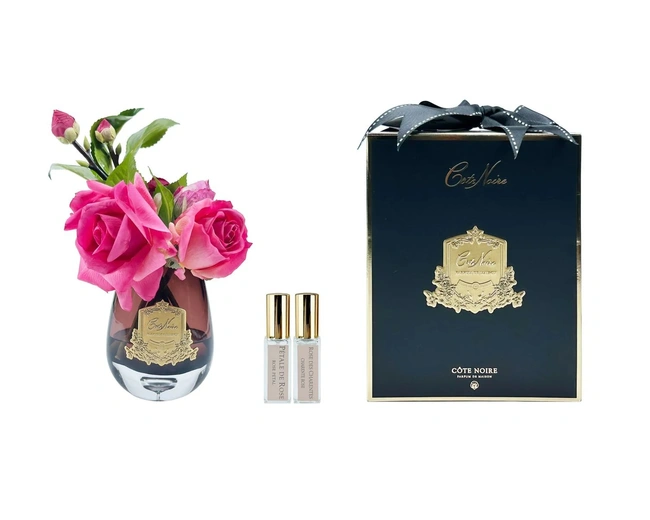 TEA ROSE MAGENTAБукет роза с гортензией, цвет ярко-розовый, черная ваза, золотой декор, 2 спрея 5
