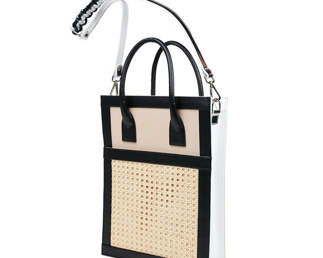 Сумка VIENNA SHOPPER MEDIUM бежево-белая, телячья кожа, декор из соломки