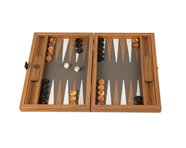 BACKGAMMONНарды с боковыми стойками, бежевый с серым, эко-кожа под страуса, 30x20 см, ручная работа