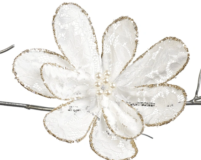 LACE/PEARL FLOWER ON CLIP WH Цветок магнолии кружево с жемчугом на клипсе, цвет белый 25 см LACE/PEARL FLOWER ON CLIP WH Цветок магнолии кружево с жемчугом на клипсе, цвет белый 25 см