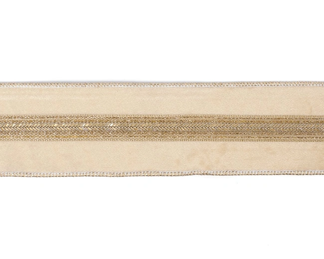 VELV.BRAID TRIM RIBBON CRM/GLD 6,4CM/5Y Лента на елку вельветовая кремовая с золотом ширина 6,4 см