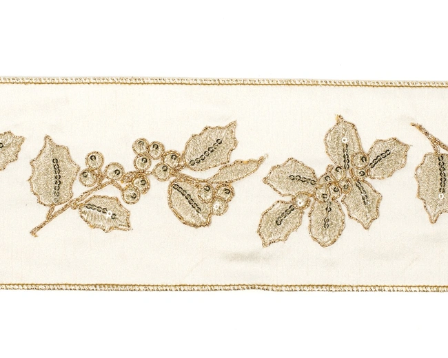EMBR.HOLLY/BERRY RIBBON CRМ/GLD Лента с вышивкой, цвет кремовый с золотом шир 10см длина 5м