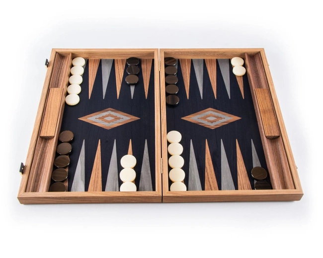 BACKGAMMON Нарды с боковыми стойками, 48х30см, американский орех, фон черный, рисунок орех+серый