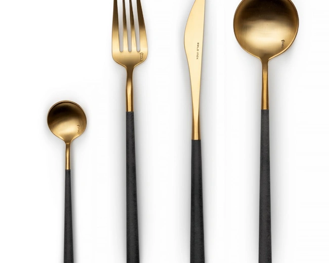 Столовые приборы NEO GREY GOLD 46, матовый, позолота 24К, ручка серая, сталь 18/10, 24 шт. Столовые приборы NEO GREY GOLD 46, матовый, позолота 24К, ручка серая, сталь 18/10, 24 шт.