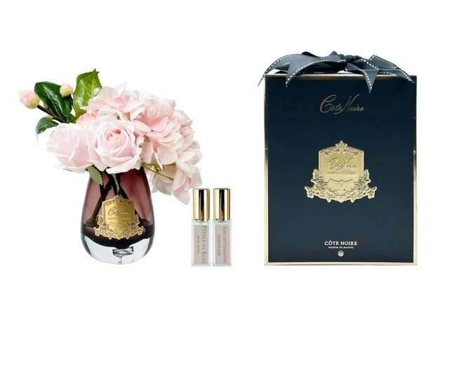 TEA ROSE Hydrangea pinkБукет роза с гортензией, цвет розовый, черная ваза, золотой декор, 2 спрея TEA ROSE Hydrangea pinkБукет роза с гортензией, цвет розовый, черная ваза, золотой декор, 2 спрея