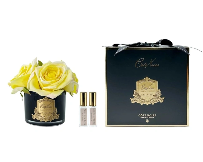 Букет из 5 роз FIVE ROSE yellow , цвет желтый, черная ваза, 2 спрея по 5 мл