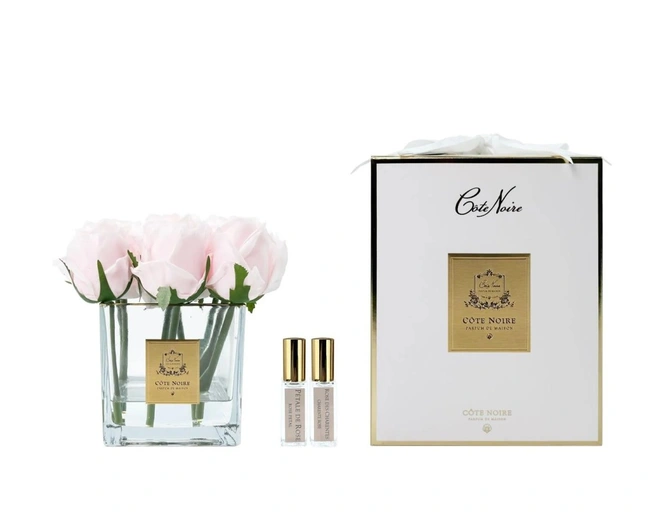 SQUARE 9 ROSE french pink clearБукет 9 роз, розовый, квадратная прозрачная ваза