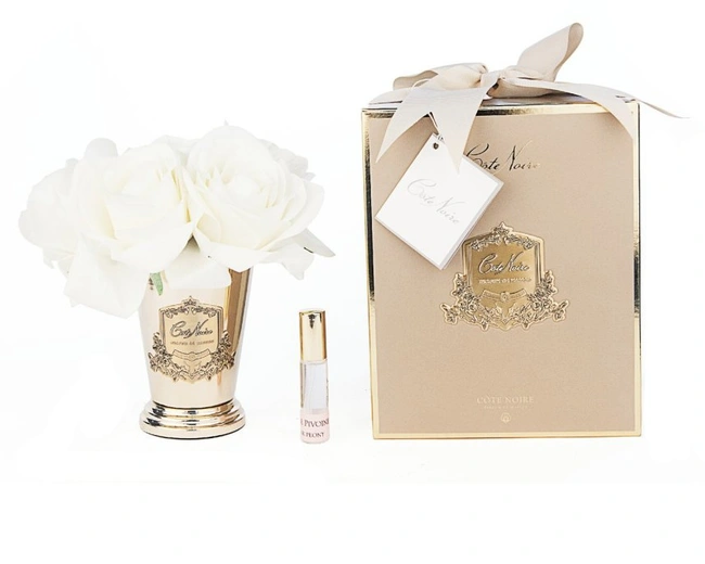 SEVEN ROSE CHAMPAGNE GOLD Букет роз цвет шампань , ваза золото, 2 спрея ВхШхД 21х17х17 см