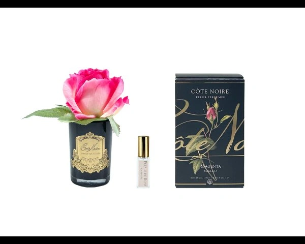 Бутон розы диффузор ROSE BUD Magenta, цвет ярко-розовый, черная ваза, 1 спрей 5 мл ВхШ