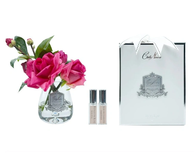Букет TEA ROSE magenta clear, цвет ярко-розовый, прозрачная ваза, 2 спрея 5 мл ВхШхД 21х17х17 см