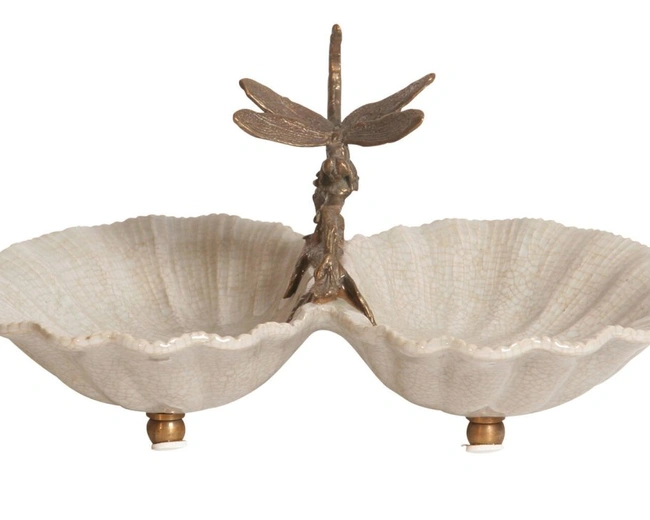 TWO BOWL STANDЧаша двойная в форме раковины со стрекозой, фарфор, бронза H: 14 cm | W: 25 cm | D: