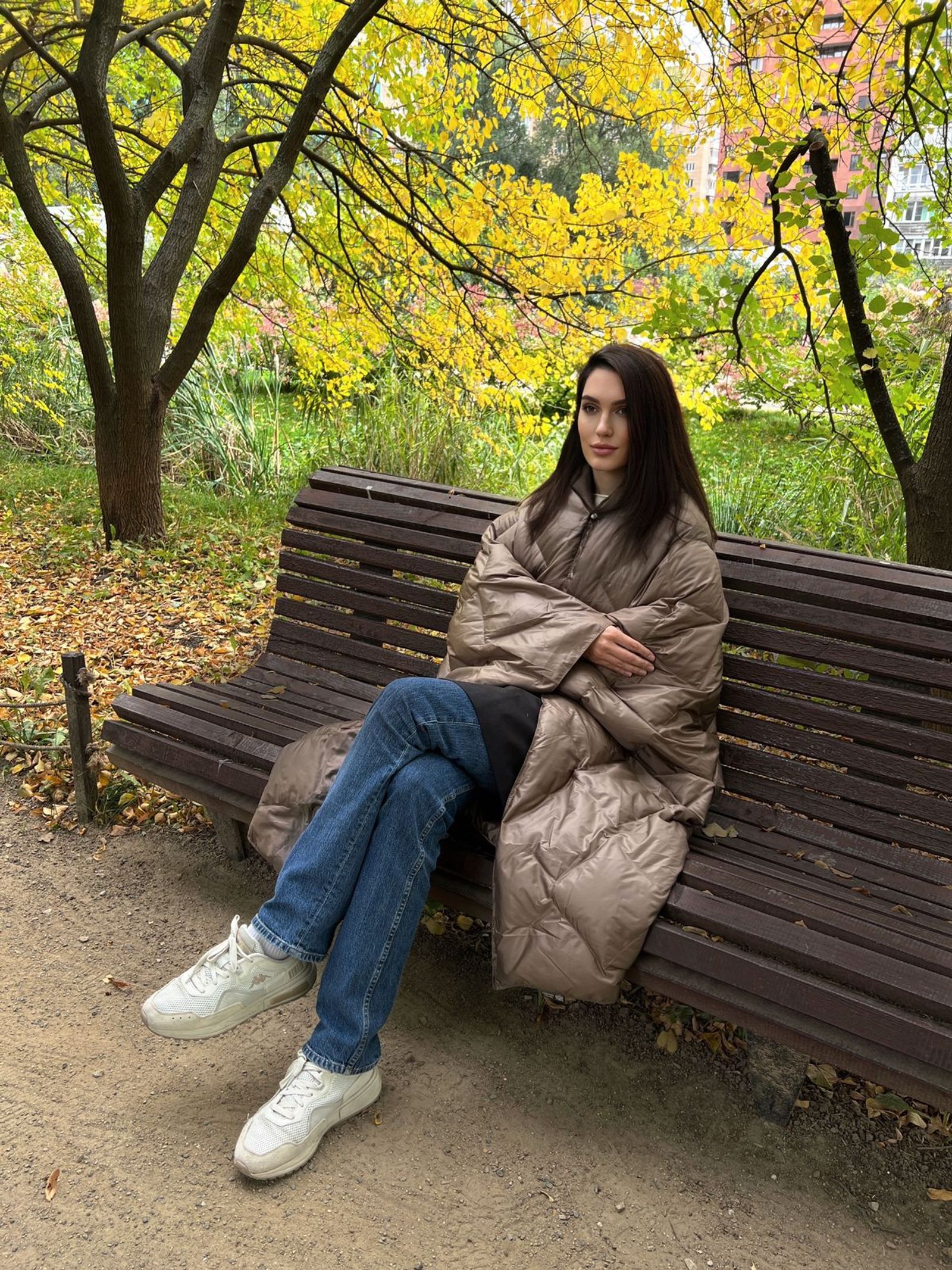 Дорожный плед-пончо пуховый Travel Cape Plaid Grass Milk Chocolate 130x170