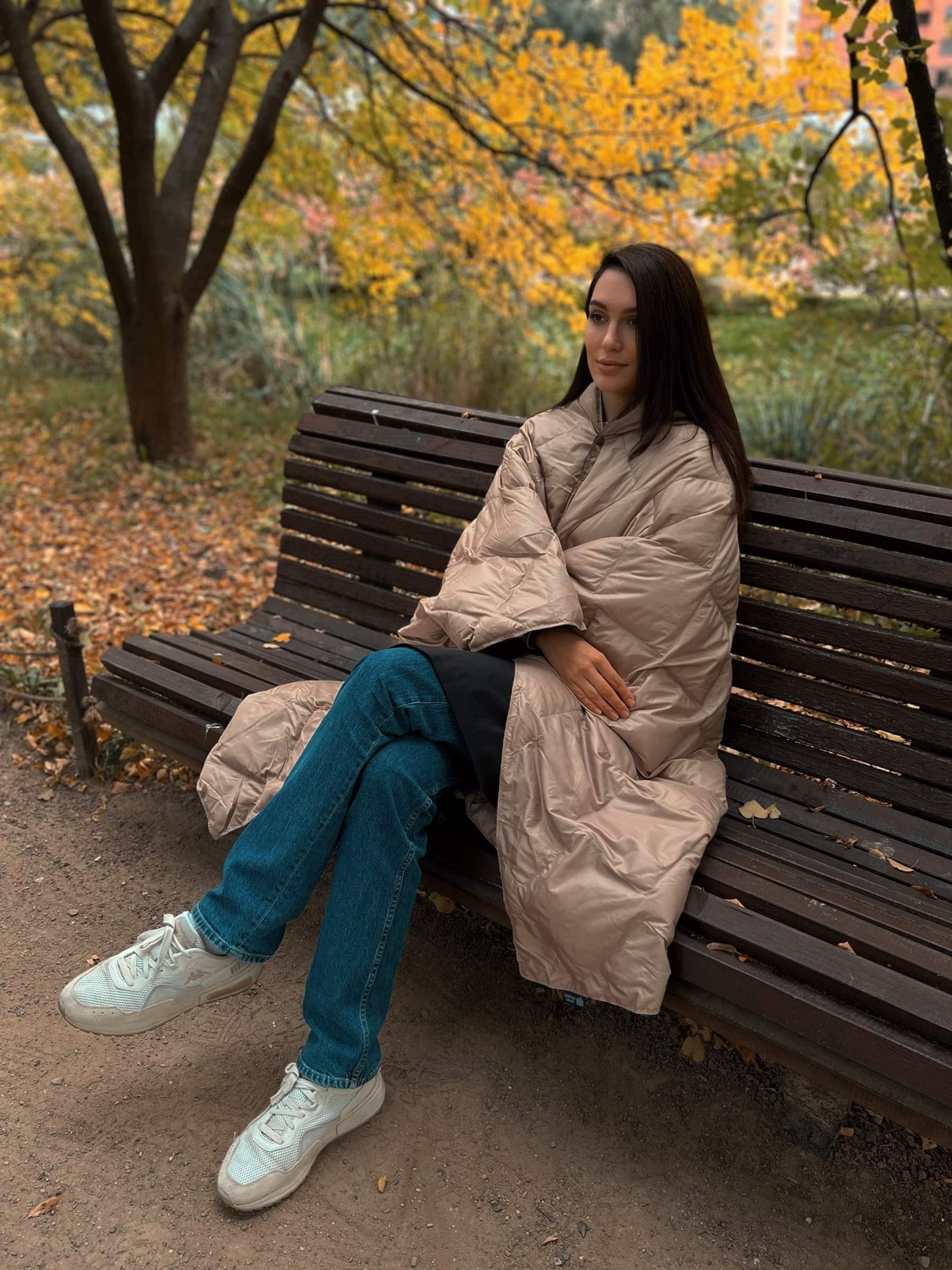 Дорожный плед-пончо пуховый Travel Cape Plaid Grass LATTE 130x170